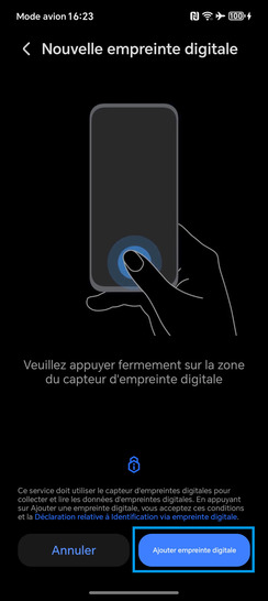 Étape 5 : Sélectionnez Ajouter une empreinte digitale.sur la version 400 5G du mobile, le bouton s'appelle Ajouter.