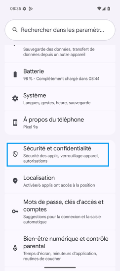 Étape 3 : Cliquez sur Sécurité et confidentialité.