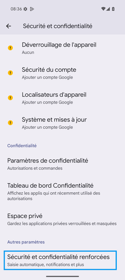 Étape 4 : Allez sur Sécurité et confidentialité renforcées.