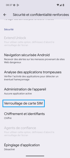 Étape 5 : Cliquez sur Verrouillage de carte SIM.
