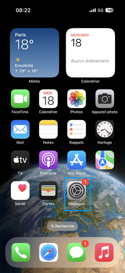 Étape 1 : Ouvrez l'application Réglages depuis la page d'accueil.