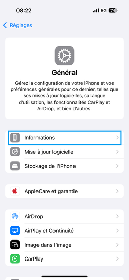 Étape 3 : Choisissez l'option Informations.