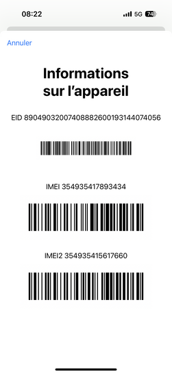 Étape 3 : Prenez connaissance du numéro IMEI (si vous possédez un téléphone dual SIM, deux numéros IMEI seront affichés).vous pouvez aussi retrouver le numéro IMEI dans les réglages de votre iPhone ou sur la boîte d’origine.