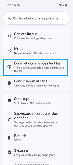 Étape 3 : Cliquez sur Écran et commandes tactiles.