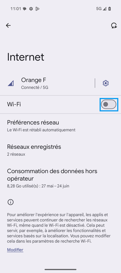 Étape 5 : Faites glisser le curseur Wi-Fi vers la droite pour activer la fonction.