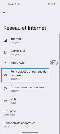 Étape 4 : Choisissez Point d'accès et partage de connexion.