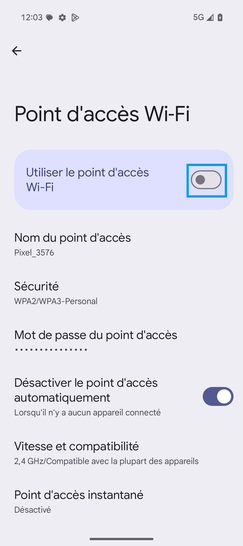 Étape 6 : Faites glisser le curseur Utiliser le point d'accès Wi-Fi vers la droite pour activer le point d'accès Wi-Fi.