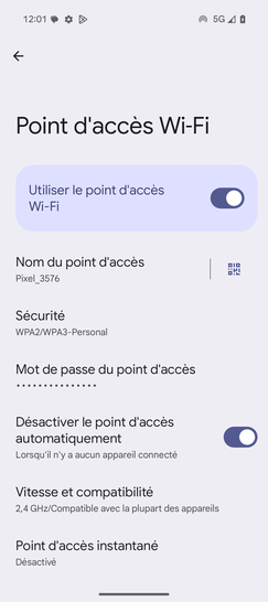 Étape 7 : Le point d'accès modem est activé.Laissez les options avancées configurées par défaut.Revenez sur l'écran précédant.Pour désactiver la fonction, cliquez sur Utiliser le point d'accès Wi-Fi le curseur repasse en grisé.vous pouvez personnaliser le mot de passe. Il comporte 8 caractères (alphanumériques) minimum.Nous sommes là pour vous assurer une transition fluide et sans souci, que vous souhaitiez connecter une tablette, un autre mobile ou un ordinateur.
