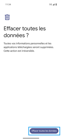 Étape 7 : Sélectionnez Effacer toutes les données.Le mobile s'éteint puis redémarre automatiquement.Après réinitialisation, vous devez configurer de nouveau votre mobile.Nous sommes à vos côtés pour vous accompagner dans cette démarche et vous assurer un retour à l'efficacité de votre appareil.