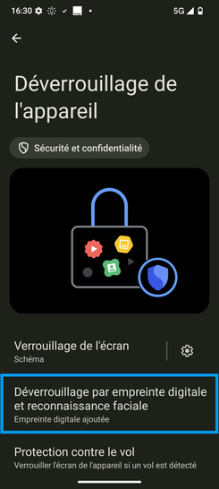 Étape 6 : Sélectionnez Empreinte digitale.sur l'écran suivant, renseignez le verrouillage sécurisé choisi lors de l'activation.