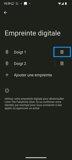 Étape 8 : Cliquez sur la corbeille face à l'empreinte à supprimer.