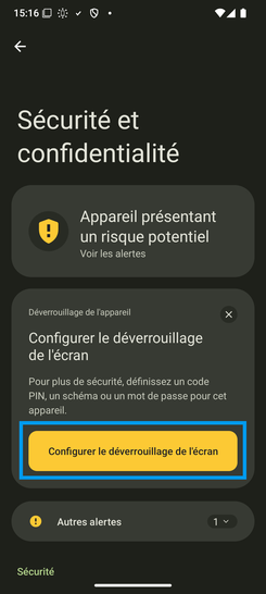 Étape 5 : Lors de la première configuration, l'écran se présente comme ci-contre : allez sur Configurer le déverrouillage de l'écran.