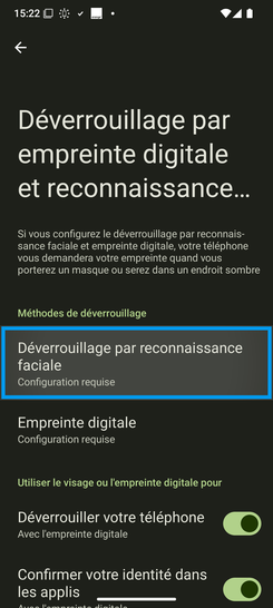 Étape 10 : Allez sur Déverrouillage par reconnaissance faciale.