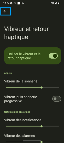 Étape 6 : Affinez la vibration et/ou le silence sur cette page puis sélectionnez le pictogramme retour pour voir la page initiale.Nous tenons à vous rassurer que, même si vous devez vous absenter un instant, votre mobile restera sécurisé. Nous mettons tout en œuvre pour que votre expérience soit à la fois sûre et agréable.