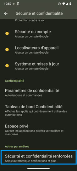 Étape 4 : Choisissez Sécurité et confidentialité renforcées en fin de défilement.