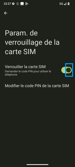 Étape 6 : Allez sur le bouton virtuel correspondant à Verrouiller la SIM : il glisse vers la gauche et son pourtour devient gris.une zone de saisie et un clavier virtuel apparaissent en surimpression. Saisissez votre code PIN et validez-le avec OK.