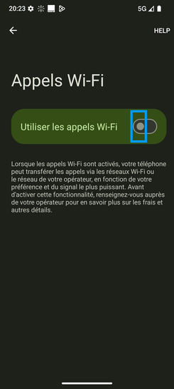 Étape 6 : Allez sur le bouton virtuel correspondant à Utiliser les appels Wi-Fi, il glisse vers la droite et son pourtour change de couleur lors de l'activation.