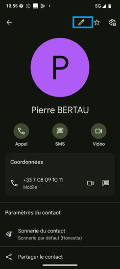 Étape 4 : Sélectionnez le pictogramme crayon pour modifier le contact.