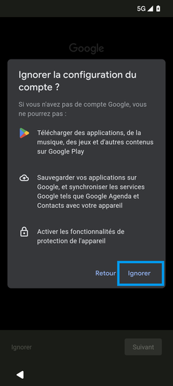 Étape 7 : Confirmez Ignorer la configuration du compte : poursuivez avec Ignorer.