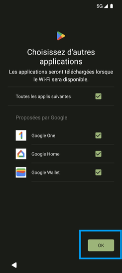 Étape 19 : Choix d'autres applications : dans le cadre de notre démonstration, continuez avec OK.l'écran suivant affiche Préparation de votre téléphone... .