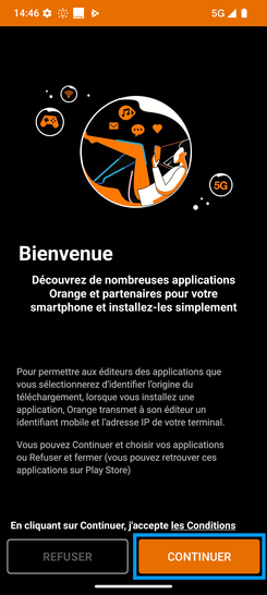 Étape 26 : Gestions des applications Orange partenaires : sélectionnez Continuer.