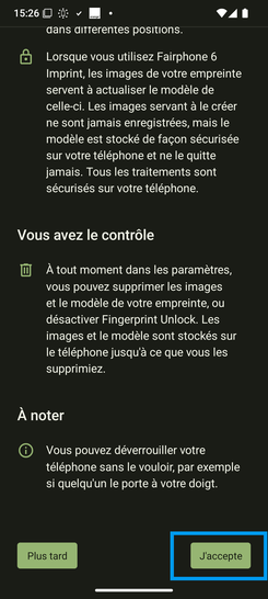 Étape 12 : Continuez (brièvement) avec Plus puis sélectionnez J'accepte.