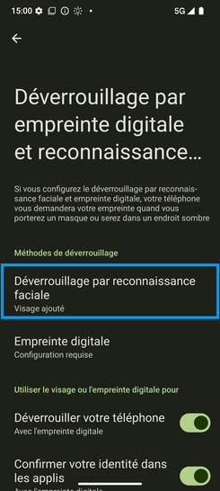 Étape 7 : Allez sur Déverrouillage par reconnaissance faciale.