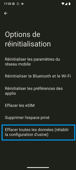 Étape 5 : Allez sur Effacer toutes les données (rétablir la configuration d'usine).