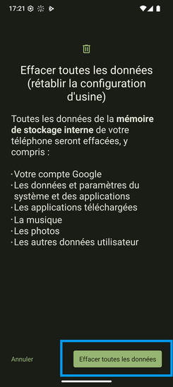 Étape 6 : Choisissez Effacer toutes les données.