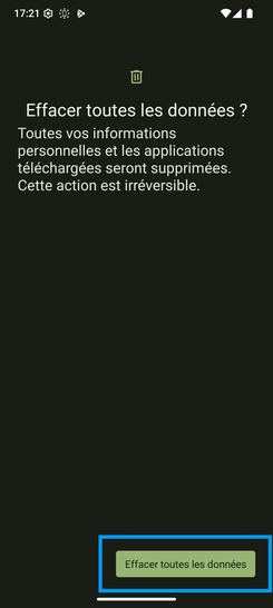 Étape 7 : Confirmez avec Effacer toutes les données.L'écran affiche Rétablir la configuration d'usine Redémarrage en cours... : il s'éteint, effectue une remise à zéro puis redémarre.Vous devrez alors redémarrer votre mobile, procédure propre à chaque modèle.Nous vous assurons que nous prenons en charge vos préoccupations et que cette réinitialisation se fera en toute sécurité. Votre mobile sera comme neuf, prêt à être configuré selon vos préférences.