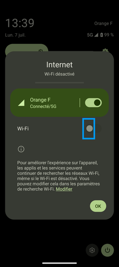 Étape 3 : Allez sur le bouton virtuel correspondant à Wi-Fi.il glisse vers la droite (et change de couleur à l'activation).