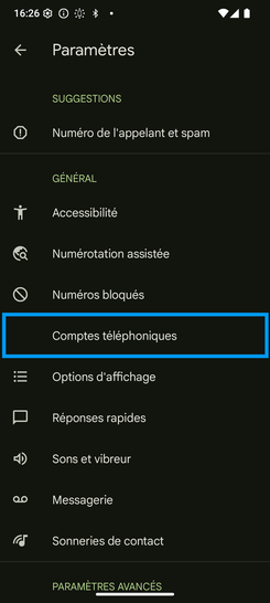 Étape 4 : Choisissez Comptes téléphoniques.