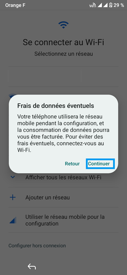 Étape 10 : Frais de données éventuels : cliquez sur Continuer.