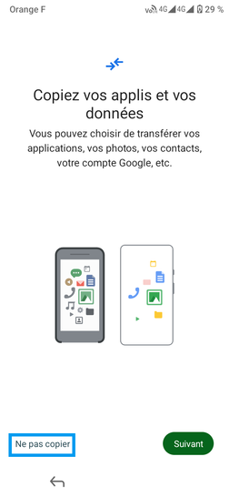 Étape 12 : Copiez vos applis et vos données : cliquez sur Ne pas copier.Patientez pendant la Vérification des informations...