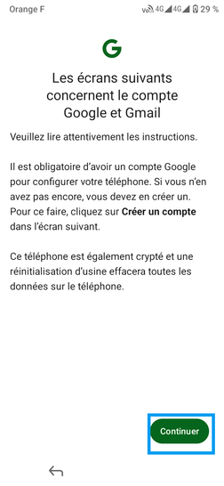 Étape 13 : Information concernant le compte Google et Gmail.