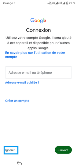 Étape 14 : Connexion à un compte Google : allez sur Ignorer.