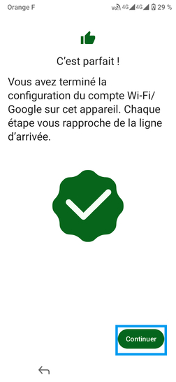 Étape 16 : Message d'information compte Wi-Fi/ Google : allez sur Continuer.