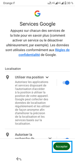 Étape 17 : Lisez et prenez connaissance des Services Google puis cliquez sur Accepter.par défaut tous les services Google sont activés.