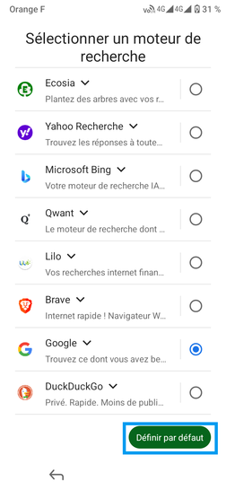 Étape 22 : Sélectionnez un moteur de recherche et cliquez sur Définir par défaut.