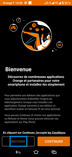 Étape 27 : Propositions d'applications par Orange, dans le cadre de notre exemple, cliquez sur Refuser.