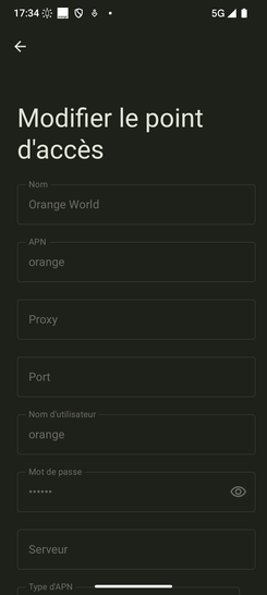 Étape 9 : Vérifiez les critères requis pour le profil Orange World.- Nom : Orange World- APN : orange- Proxy : non défini- Port : non défini- Nom d'utilisateur : orange- Mot de passe : (masqué)- Serveur : non défini- Type d'APN : default, mms,supl, dun, xcap- MMSC : http://mms.orange.fr- Proxy MMS : non défini- Port MMS : non défini- Type d'authentification : non visible- Protocole APN : IPv6- Protocole APN en itinérance : IPv4- Type de Réseau : non spécifié- Activer/désactiver APN : activé (info grisée)Revenez sur l'écran d'accueil si la configuration est correcte.Ces informations sont uniquement consultables. En cas d'impossibilité d'envoi, vous devez créer un point d'accès spécifique.Il est important pour nous que vous puissiez communiquer sans entrave. Nous mettons tout en œuvre pour que vous puissiez le faire sans encombre.