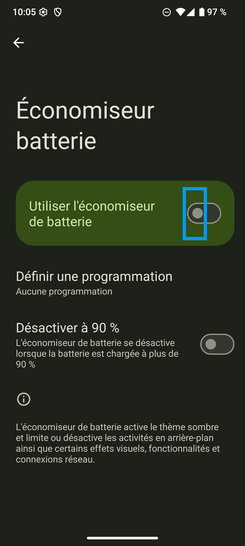Étape 5 : Dans un premier temps, allez sur le bouton virtuel correspondant à Utiliser l'économiseur de batterie.