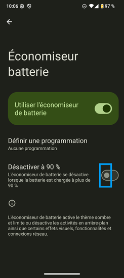 Étape 6 : Puis, allez sur celui correspondant à Désactiver à 90%.