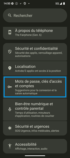 Étape 3 : Choisissez Mots de passe, clés d'accès et comptes.