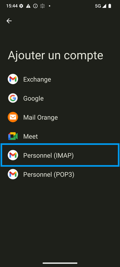Étape 5 : Définissez votre fournisseur ou type de messagerie : dans le cadre de notre démonstration, sélectionnez Personnel (IMAP).