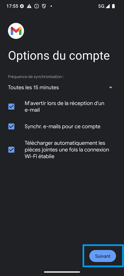 Étape 11 : Validez les Options du compte (y compris la fréquence de synchronisation) et continuez avec Suivant.Remarque : les options du compte sont toutes cochées par défaut.