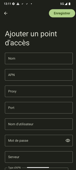 Étape 8 : Renseignez chaque critère requis comme suit.Nom : à personnaliserAPN : orangeProxy : 192.168.10.100Port : 8080Nom d'utilisateur : orangeMot de passe : orangeServeur : non définiMMSC : http://mms.orange.frProxy MMS : 192.168.10.200Port MMS : 8080MCC : 208MNC : 01Type d'authentification : PAPType d'APN : default, mms, supl, hipri, fota, cbs, xcapProtocole APN : IPv4Protocole d'itinérance APN : IPv4Activer/désactiver APN : APN activéSupport : non définiType d'opérateur du réseau virtuel m... : aucun(e)Valeur de l'opérateur du réseau virtu... : non défini