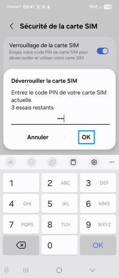 Étape 7 : Confirmez le code PIN actuel et validez avec OK.