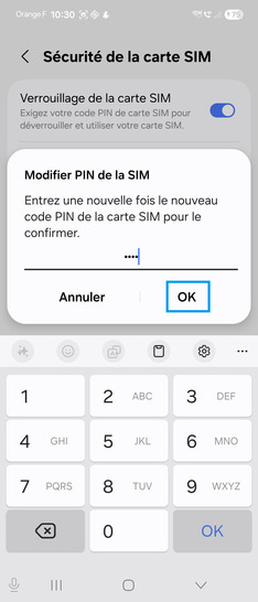 Étape 9 : Confirmez le nouveau code PIN avec OK.