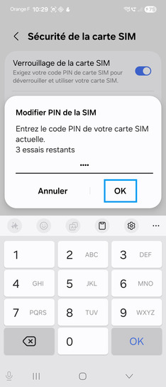 Étape 7 : Saisissez l'ancien code PIN et cliquez ensuite sur OK.